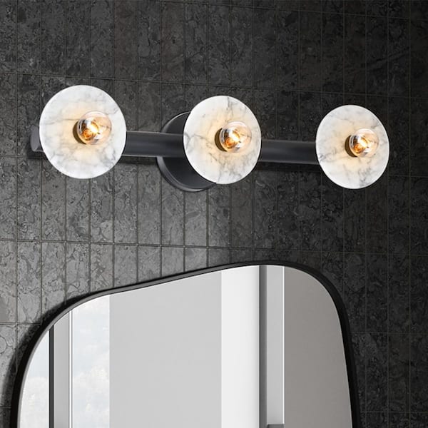 Designers Fountain Fina 24.75 in. 3-Light Matte Black Vanity Wall Light with Natural Marble for Bathrooms