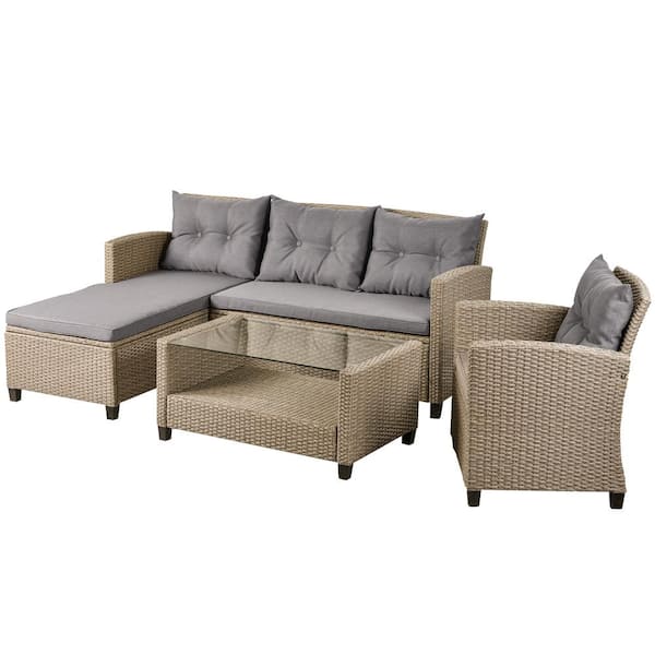 Zeus & Ruta 4-Piece Beige Brown Wicker Ratten Patio Outdoor Conversation Set with Gray Seat Cushions