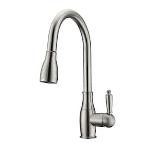 Cullen Single Handle Deck Mount Gooseneck Pull Down Spray Kitchen Faucet with Metal Lever Handle 2 in Brushed Nickel