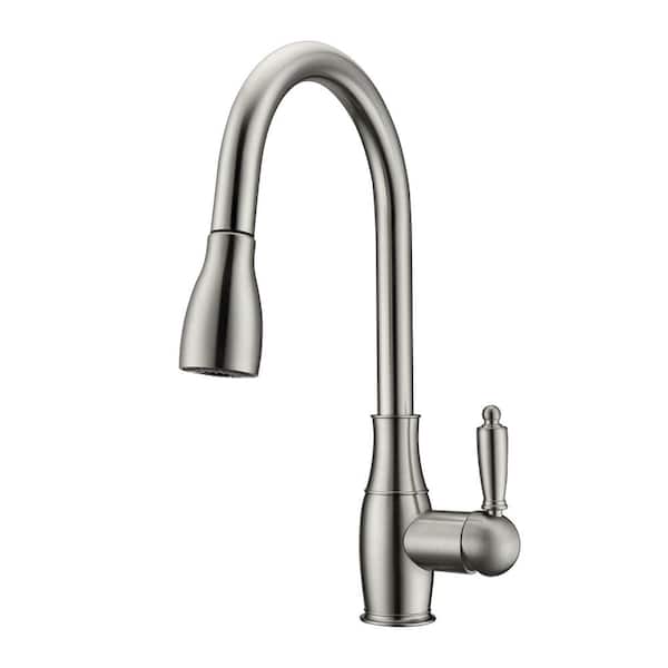 Barclay Products Cullen Single Handle Deck Mount Gooseneck Pull Down Spray Kitchen Faucet with Metal Lever Handle 2 in Brushed Nickel
