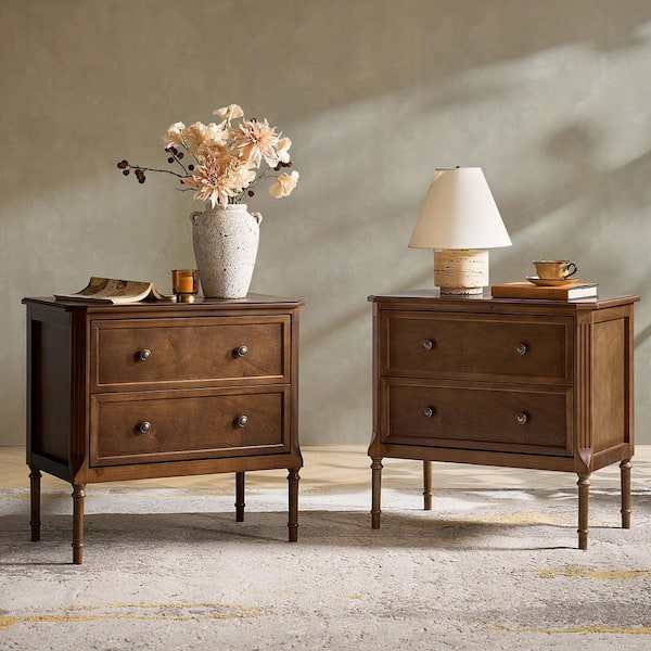 Cleo Walnut 2-Drawer 28 in. W Nightstand with Charging Station Set of 2