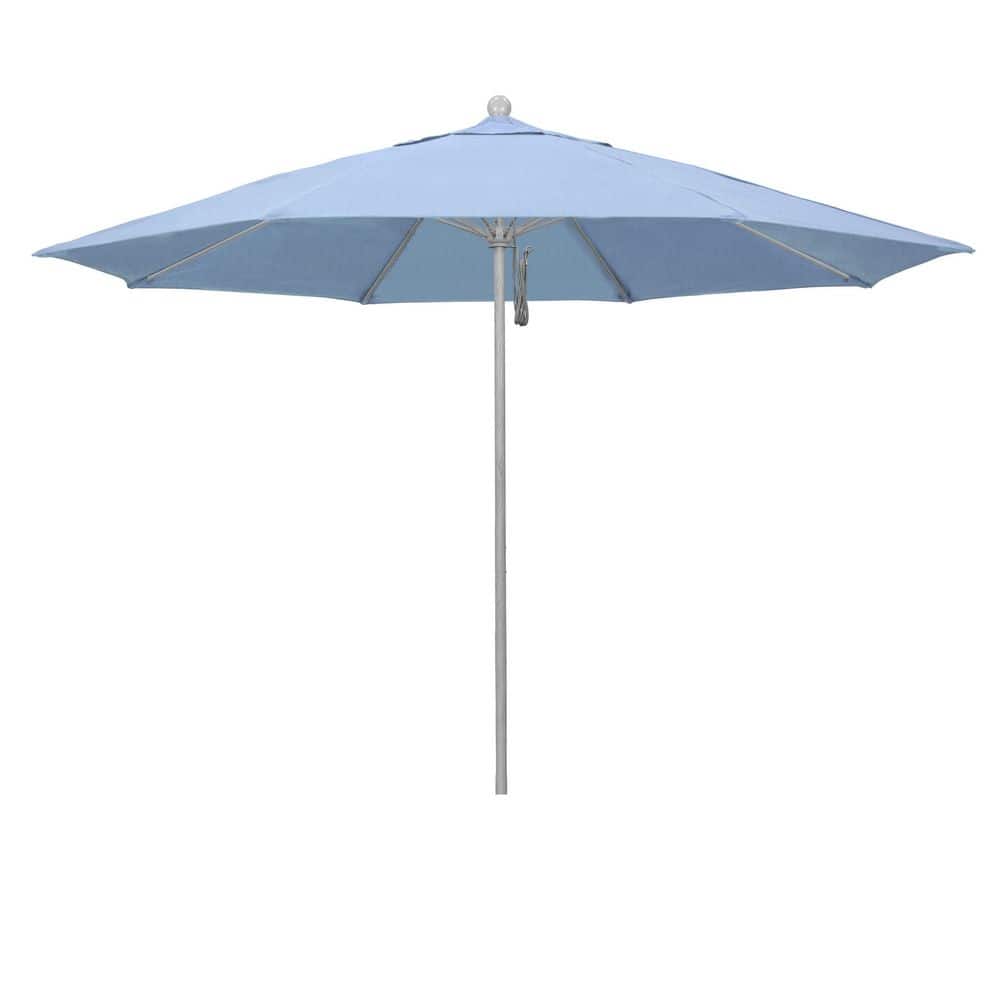 11 ft. Grey Woodgrain Aluminum Market Patio Umbrella with Fiberglass Ribs Pulley Lift in Air Blue Sunbrella price history on PriceWatchPro