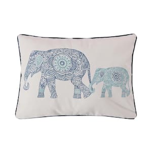 Tania Teal, Navy and White Printed Elephants 20 in. x 14 in. Throw Pillow