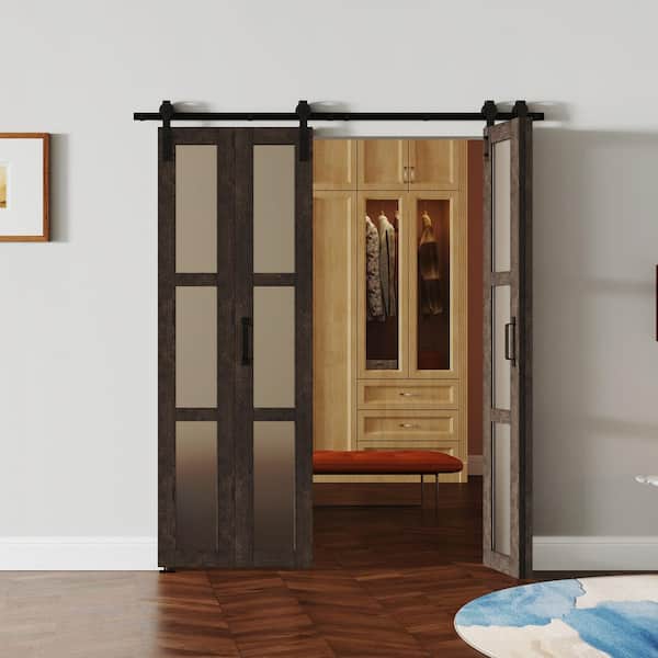 48 in. x 84 in. Dark Brown, Finished, MDF, Frosted Glass Bi-Fold Style, 3-Lite Glass Sliding Barn Door with Hardware Kit