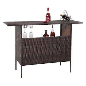 Brown Wicker Bar Height Outdoor Bar Table with 2 Steel Shelves, 2 Sets of Glass Racks Patio Bar Table