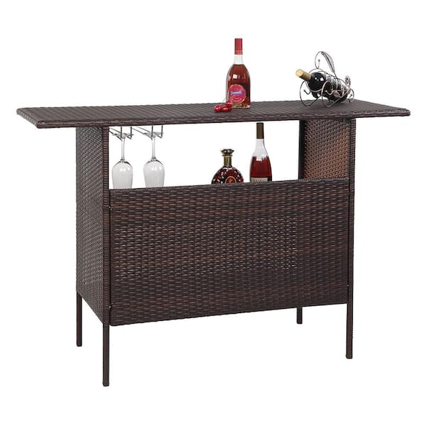 VINGLI Brown Wicker Bar Height Outdoor Bar Table with 2 Steel Shelves, 2 Sets of Glass Racks Patio Bar Table