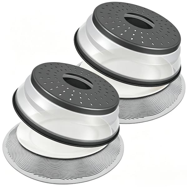 2-Piece Charcoal Silicone and PP Collapsible Microwave Cover and Mat Kitchen Gadget with Easy-Grip Handle