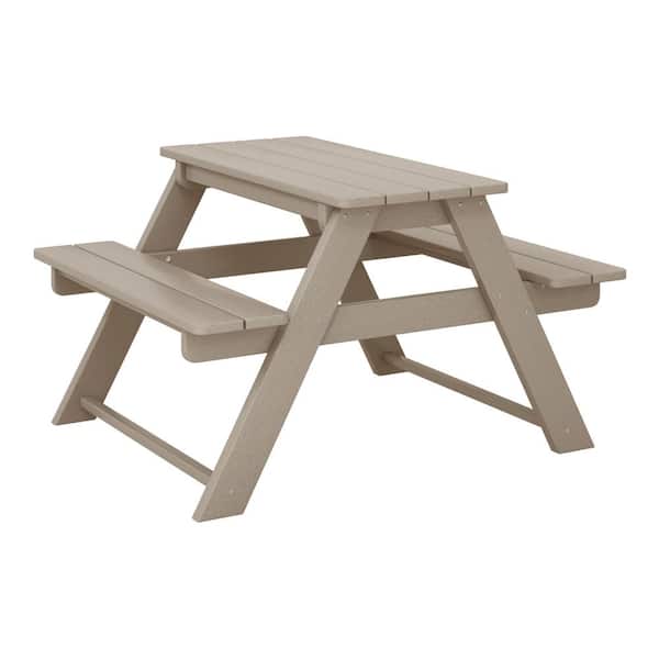 Children's Laguna Outdoor Patio All Weather Plastic 29.75 in. Rectangle Kids Picnic Play Table/Benches, Weathered Wood