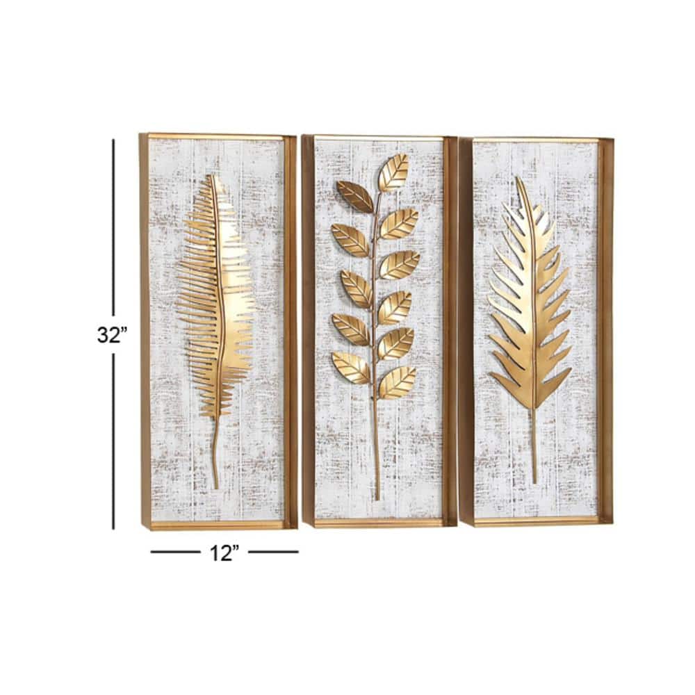 Gold and White Rectangular 3D Leaf Wall Sculpture Set