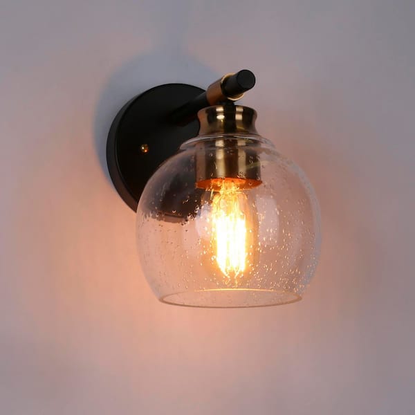 1-Light Indoor Classic Black Wall Sconce, Globe Seeded Glass Modern Bathroom Vanity Light, Farmhouse Brass Bath Lighting