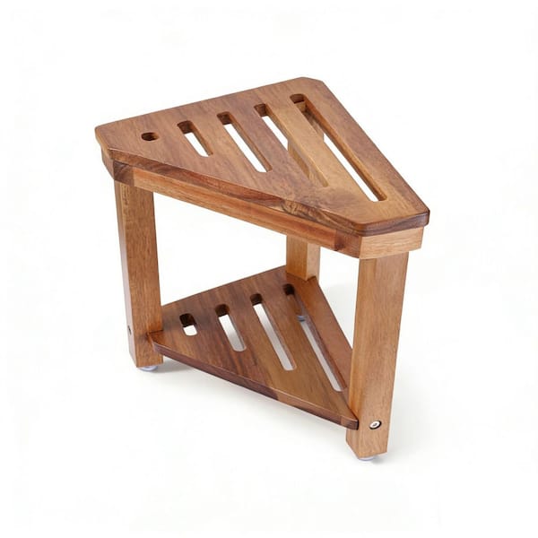 14 in. Acacia Wood Shower Bench in Wood Color with Storage Shelf, Corner Shower Stool for Shaving Legs, Waterproof