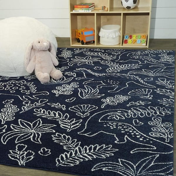 Happy Dinos Navy 5 ft. 3 in. x 7 ft. Novelty Area Rug