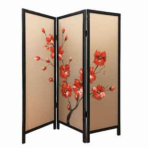 Red and Brown 3-Panel Wooden Screen with Hand painted Fabric Design