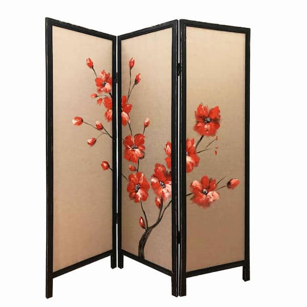 Benjara Red and Brown 3-Panel Wooden Screen with Hand painted Fabric Design