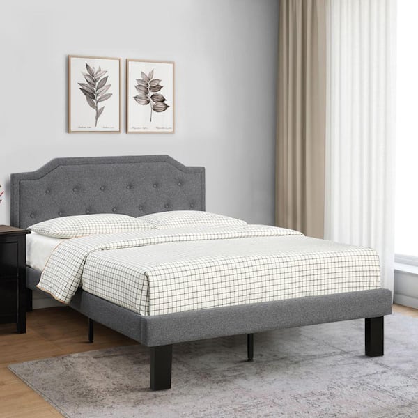 Benjara Gray Metal Frame Twin Platform Bed with Gray Fabric