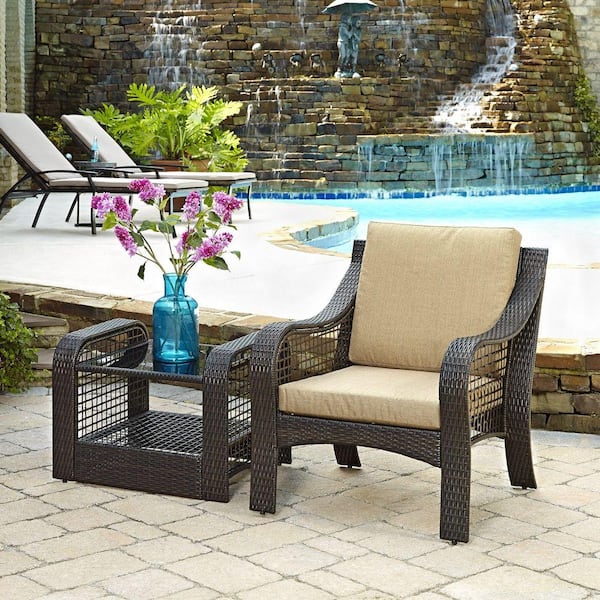 Home Styles Lanai Breeze Deep Brown 2-Piece Woven Patio Accent Chair and End Table Set with Yellow Cushion