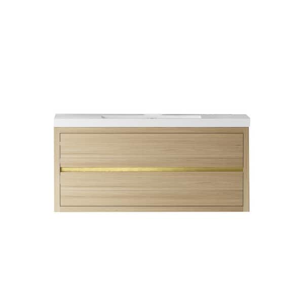 Boosicavelly 48 in. W x 20 in. D x 22 in. H Single Sink Wall-Mounted Bath Vanity in Oak Natural Wood with White Solid Surface Top