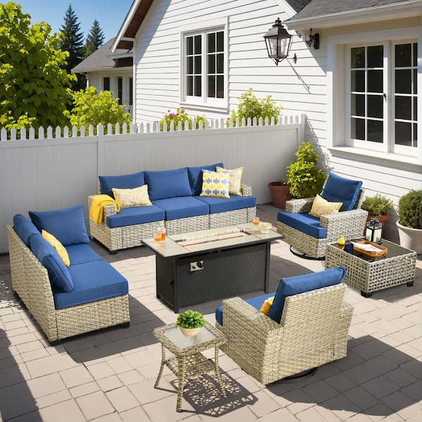 HOOOWOOO Kelleys 10-Piece Wicker Outdoor Patio Conversation Sofa Fire Pit Furniture Set with Swivel Chairs and Navy Blue Cushions