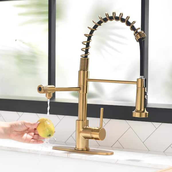 Tahanbath Single Handle Pull-Down Sprayer Kitchen Faucet 3 Way Without Deck Plate in Brushed Gold