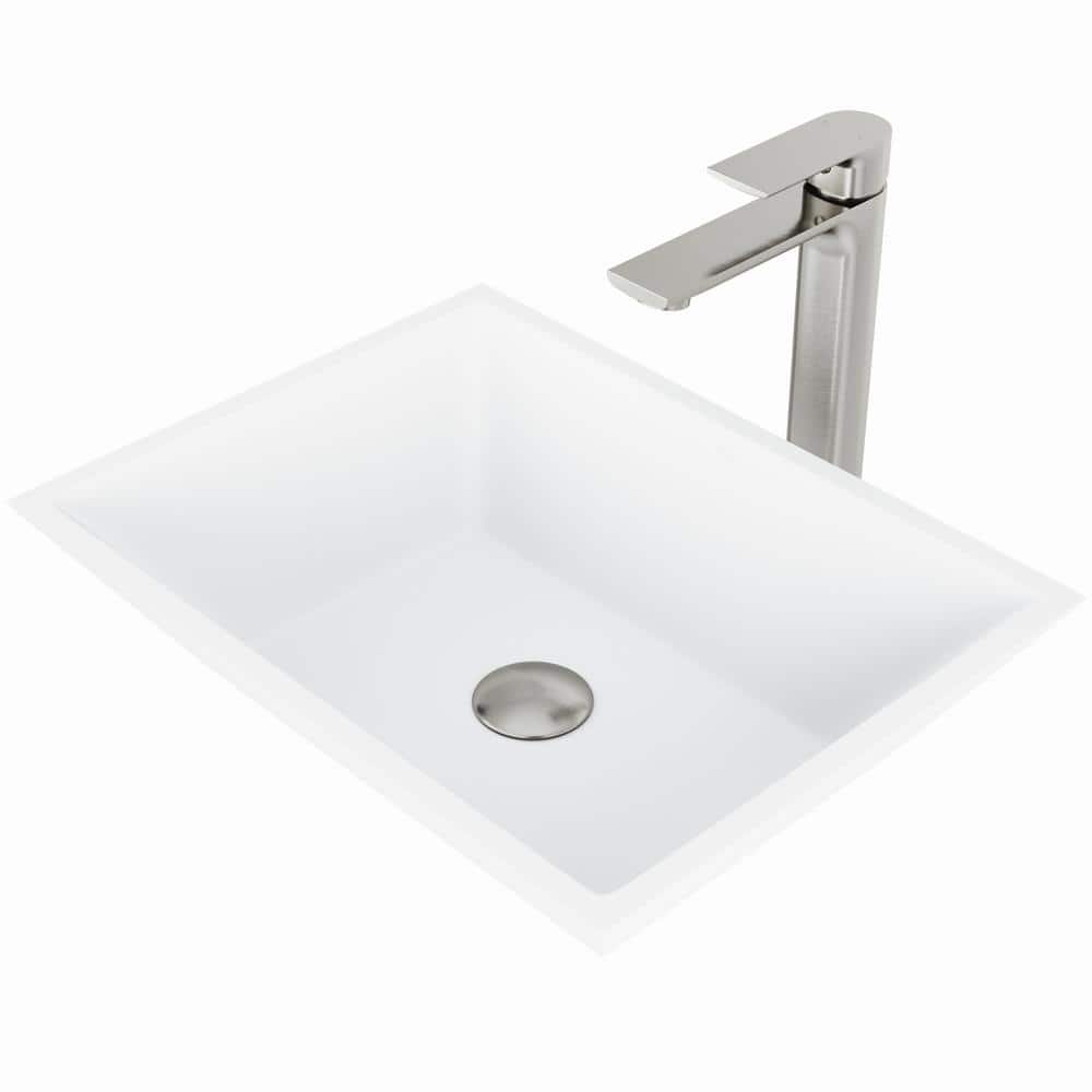 VIGO Matte Stone Vinca Composite Rectangular Vessel Bathroom Sink in White with Faucet and Pop