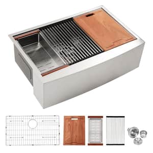 33 in. Single Bowl Farmhouse Apron Brushed Nickel Stainless Steel Kitchen Sink with Workstation