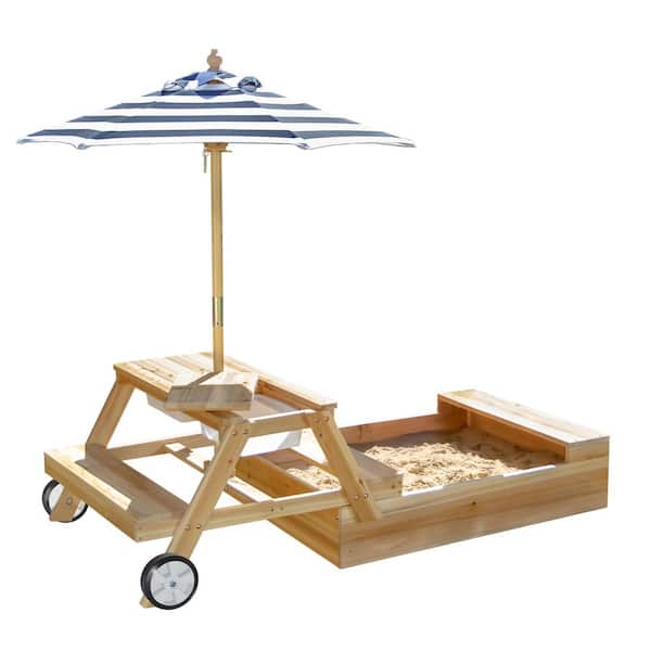 Teamson Kids Sorrento 3.4 ft. W x 2.7 ft. L Wooden Picnic Table, Blue and Natural Outdoor 2-in-1 Table and Sandbox with Umbrella