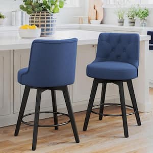 Rowland 26.5 in Seat Height Navy Blue Upholstered Fabric Counter Height Solid Wood Leg Swivel Bar stool（Set of 2）