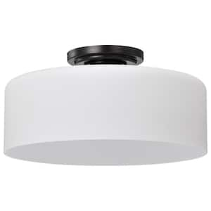 Warren 13.13 in. 1-Light Gun Metal Semi-Flush Mount Satin White Glass Shade