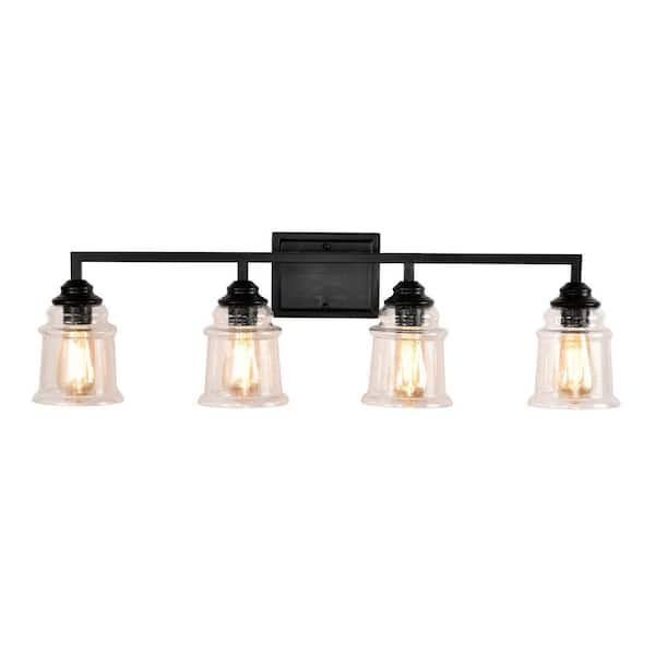 GREENVILLE SIGNATURE Rionnag 33.6 in. 4-Light Black Sconce with Clear Glass Shades