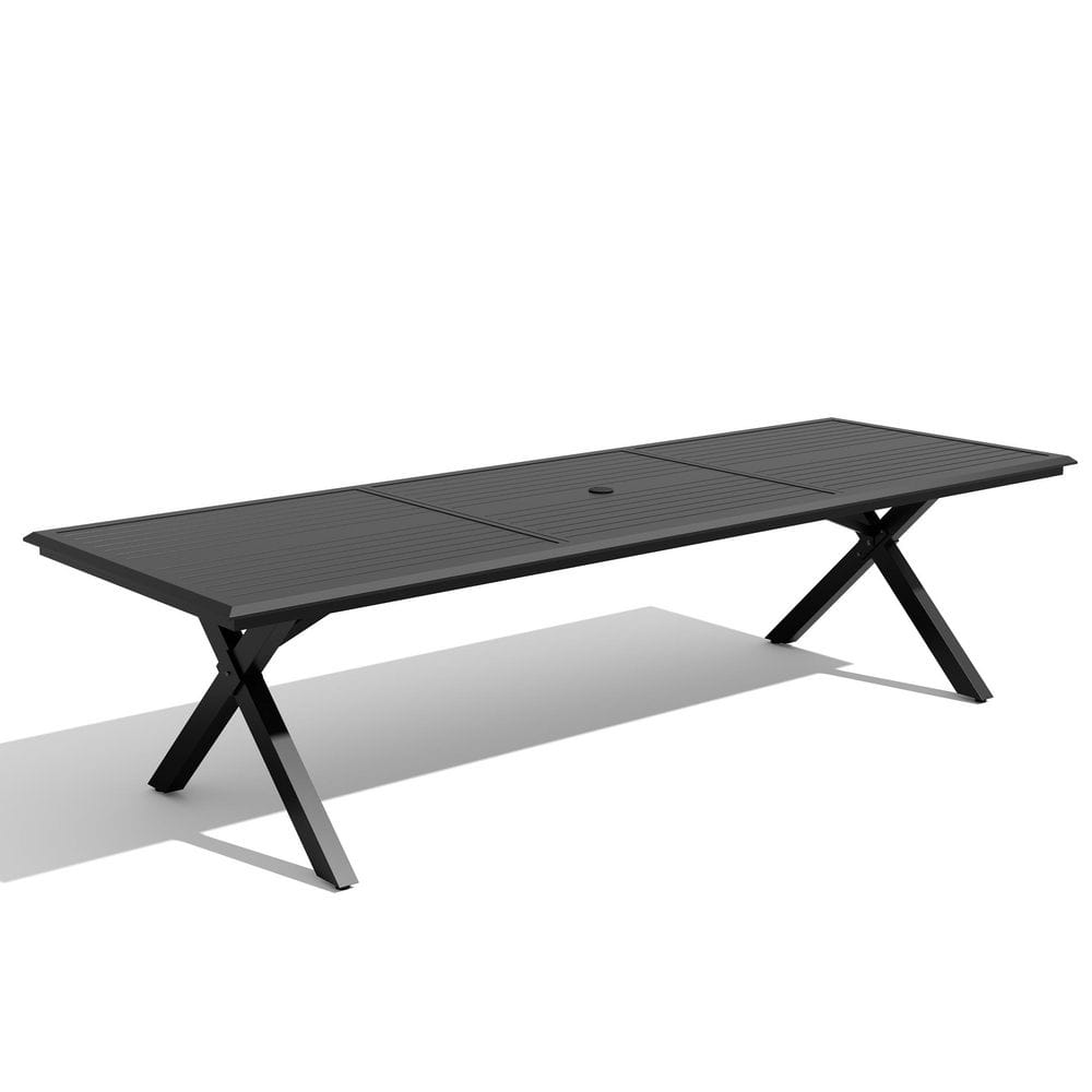Black 118 in. Rectangular Aluminum Patio Outdoor Dining Table for 10-12 People with Umbrella Hole