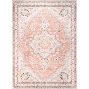 Tracie Machine Washable Floral Medallion Peach 9 ft. x 12 ft. Area Rug