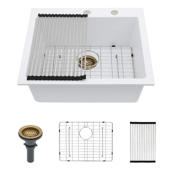 25 in. Undermount Single Bowl White Granite Composite Kitchen Sink with Bottom Grids and Roll-up Rack