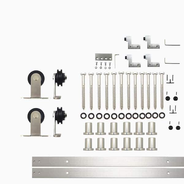 HOMACER 15 ft./180 in. Brushed Nickel Non-Bypass Sliding Barn Door Hardware Kit T-Shape Design Roller for Double Doors