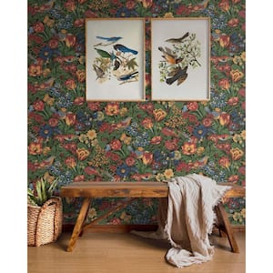 30.75 sq. ft. Carmine and Blue Lagoon Bird Floral Vinyl Peel and Stick Wallpaper Roll