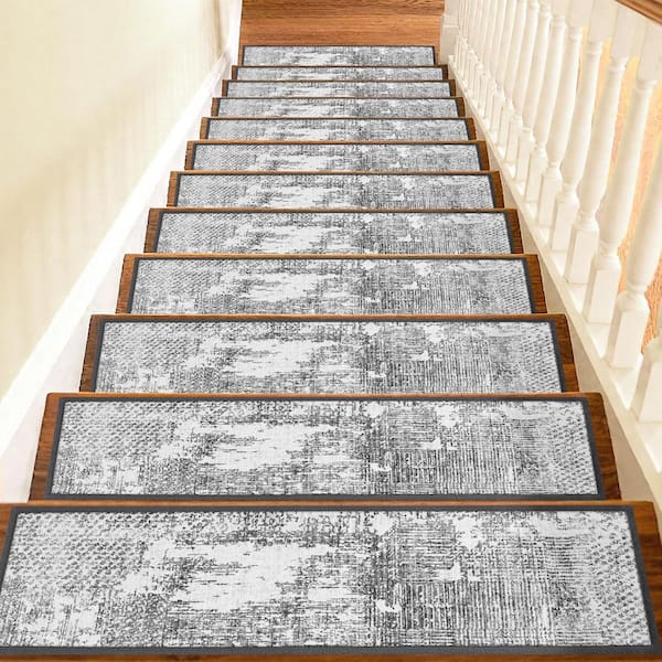 Grey 8 in. x 30 in. Polyester Boho Stair Tread Cover Non Slip Machine Washable (Set of 15)