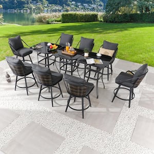 11-Piece Metal Outdoor Dining Set with Gray Cushions