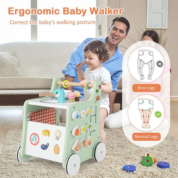 COSTWAY 2-in-1 loopwagen hout, loopleerhulp met multi-activiteitencentrum & werkbank, babywandelwagen, loopwagen voor meisjes en jongens vanaf 1 jaar