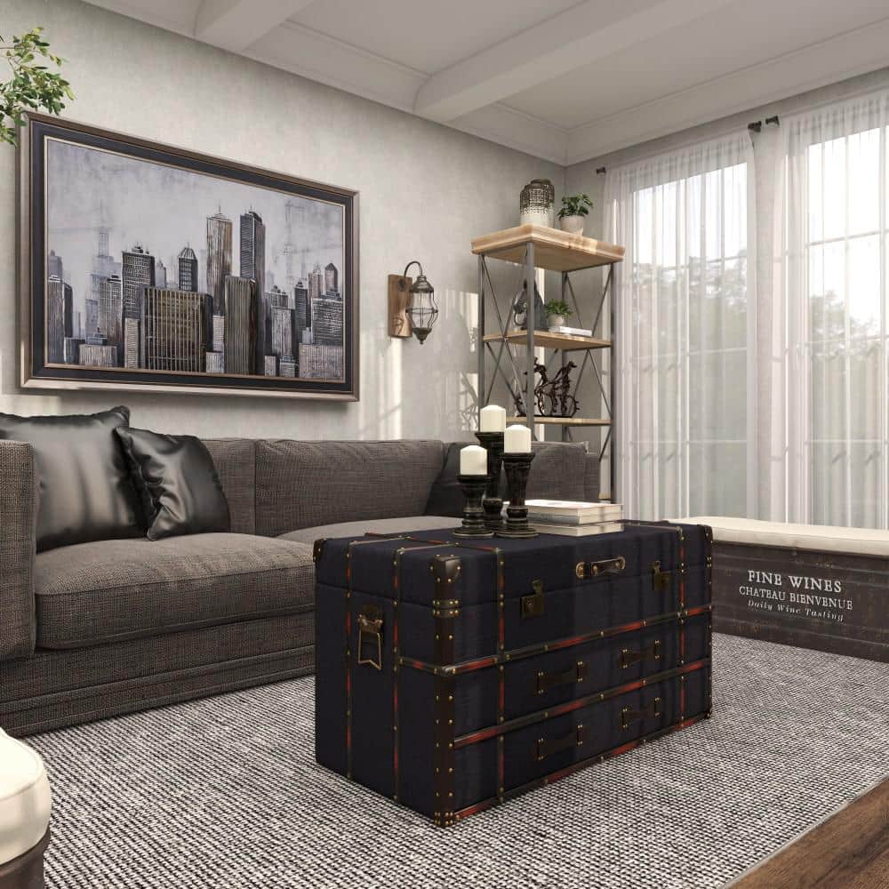 Dark Blue Linen Upholstered Trunk Coffee Table with Storage