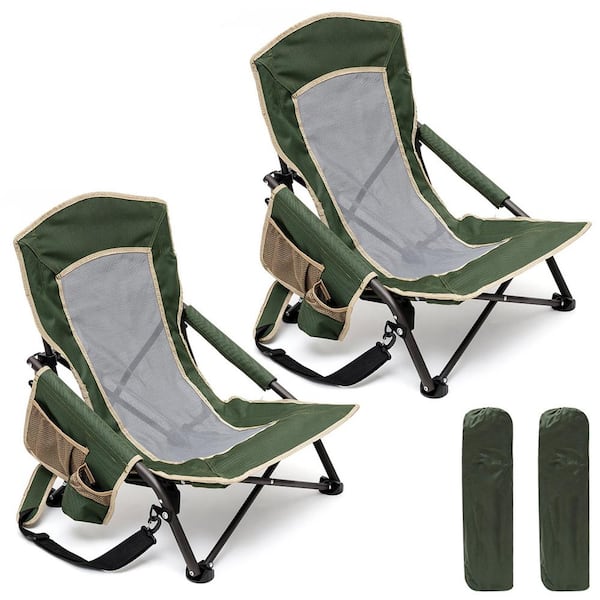 Clihome Outdoor Metal Frame Green Folding Beach Chair with Side Pocket (Set of 2)