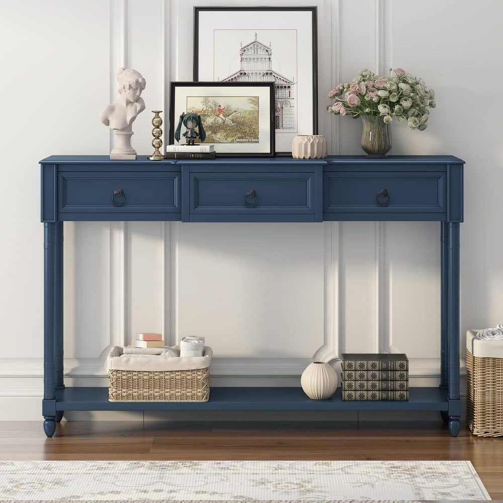 2-Tier 52 in. Navy Rectangle Solid Wood Console Table with 3 Drawers Entryw