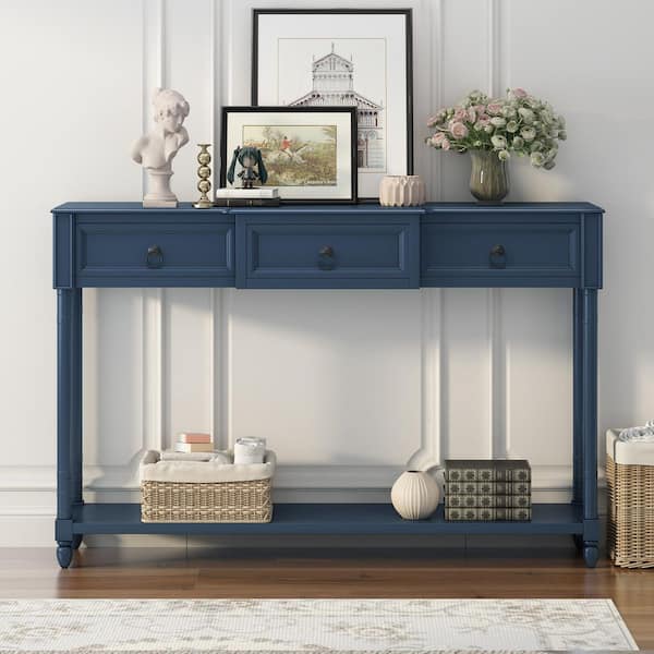 Unbranded 2-Tier 52 in. Navy Rectangle Solid Wood Console Table with 3 Drawers Entryway Tables w/Storage Sofa Table Behind Couch