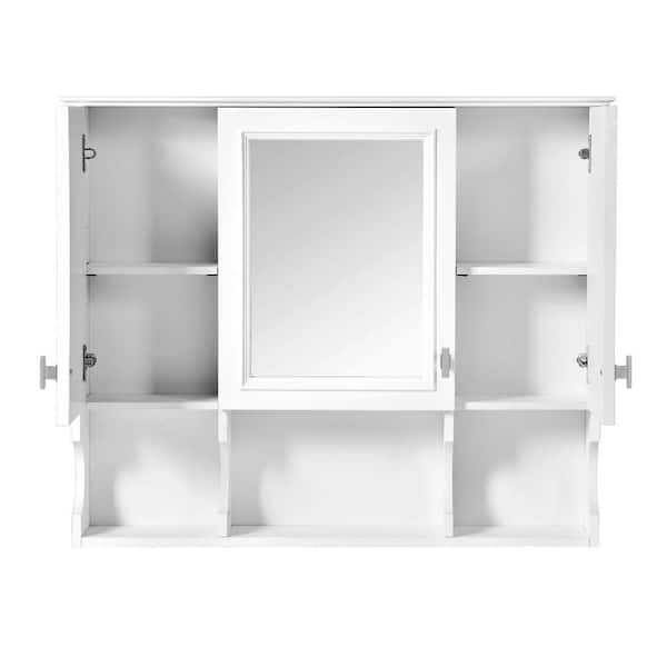 EPOWP 35 in. W x 28.7 in. H Rectangular White MDF Surface Mount Medicine Cabinet with Mirror and Open Shelves