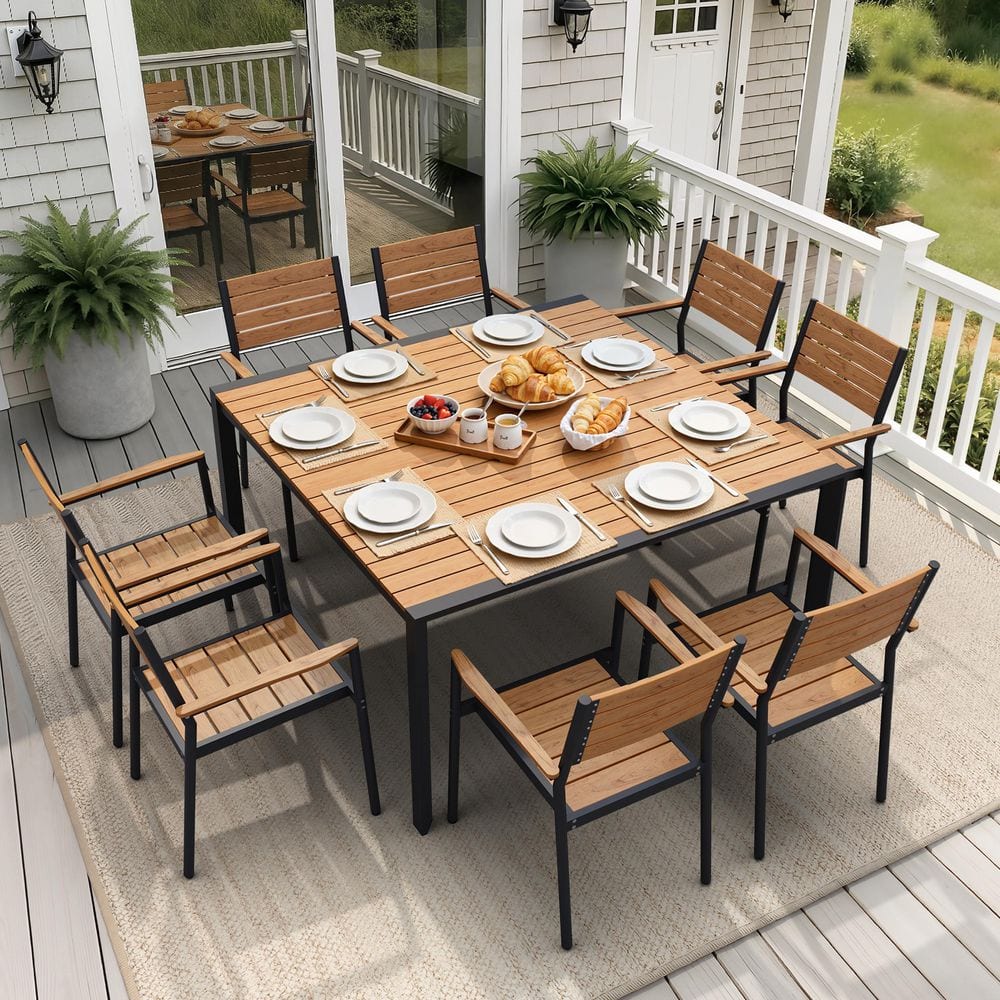 9-Piece Outdoor Dining Set with 8-Stackable Armchair Aluminum Dining Set with Brown Plastic Wood Slats and Umbrella Hole price history on PriceWatchPro