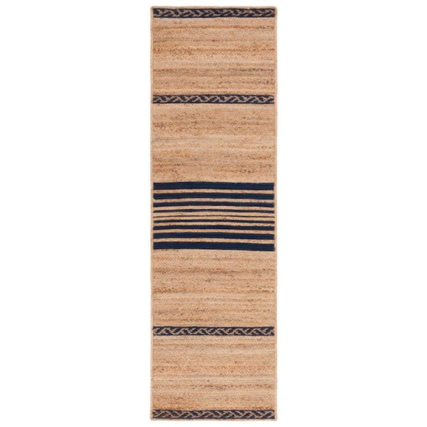 SAFAVIEH Natural Fiber Beige/Navy 2 ft. x 8 ft. Border Woven Runner Rug
