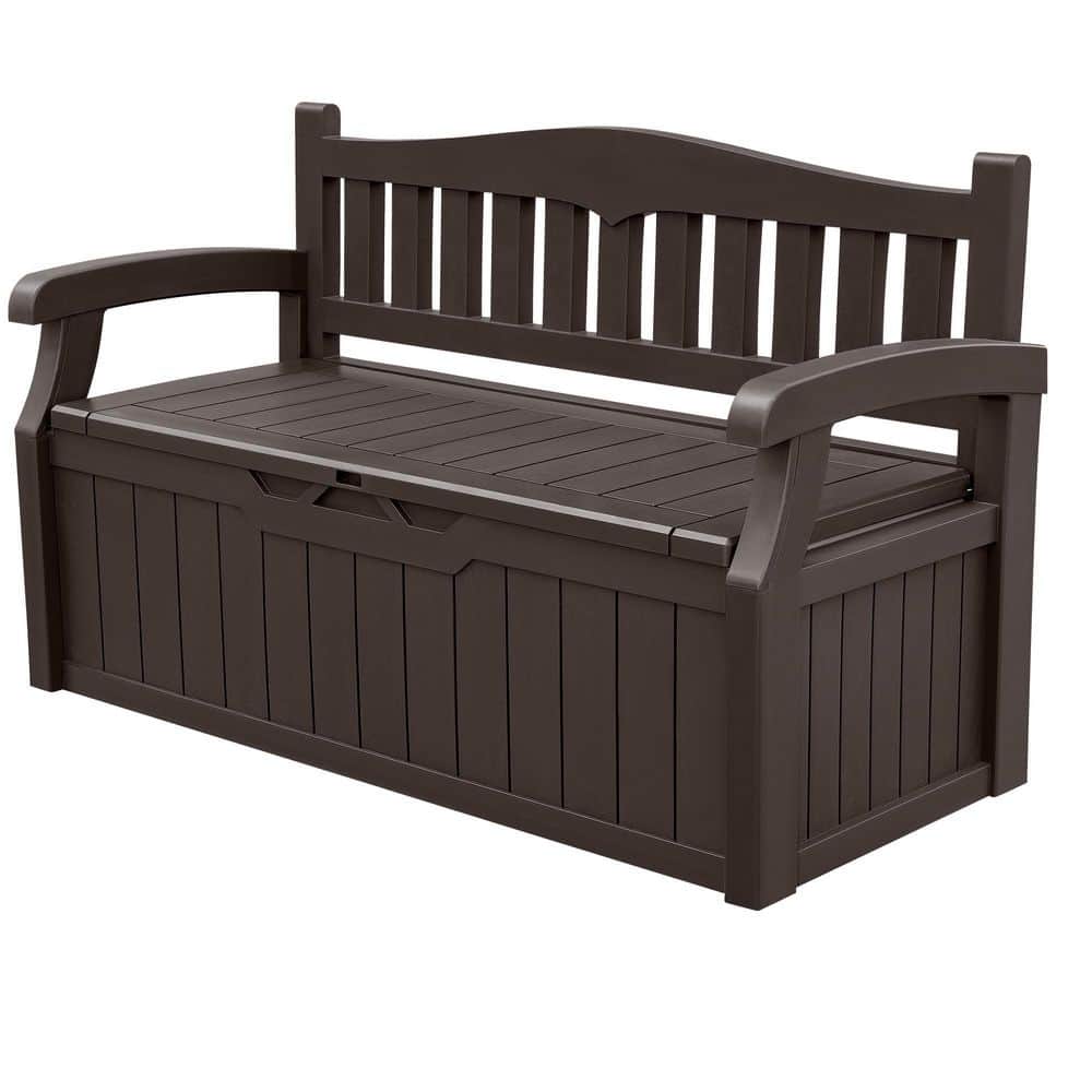 80 Gal. Brown Plastic Outdoor Bench with Back and Armrest, Storage Bench De