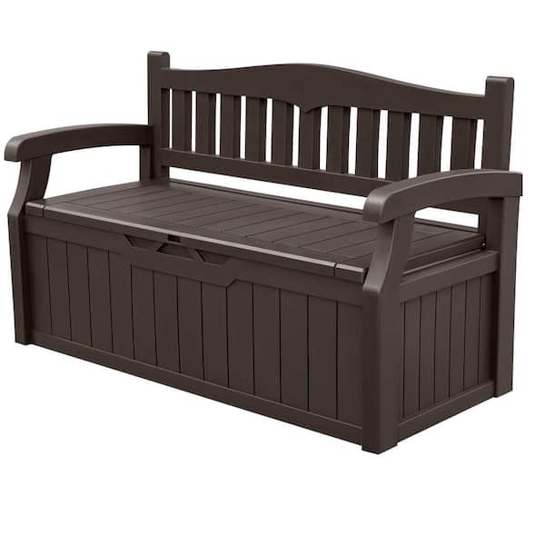 Unbranded 80 Gal. Brown Plastic Outdoor Bench with Back and Armrest, Storage Bench Deck Box for Patio Storage and Outdoor Seating