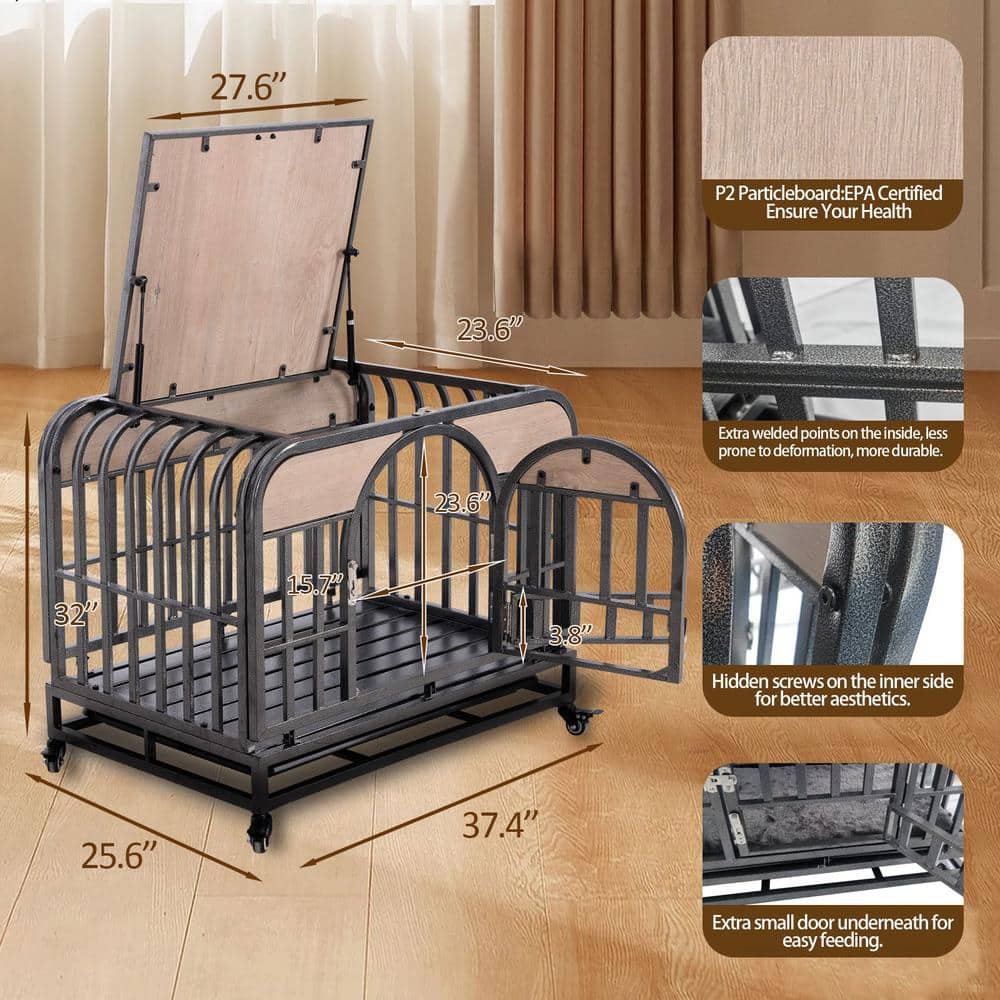 37-Inch Gray Rolling Heavy-Duty Dog Crate with Removable Trays