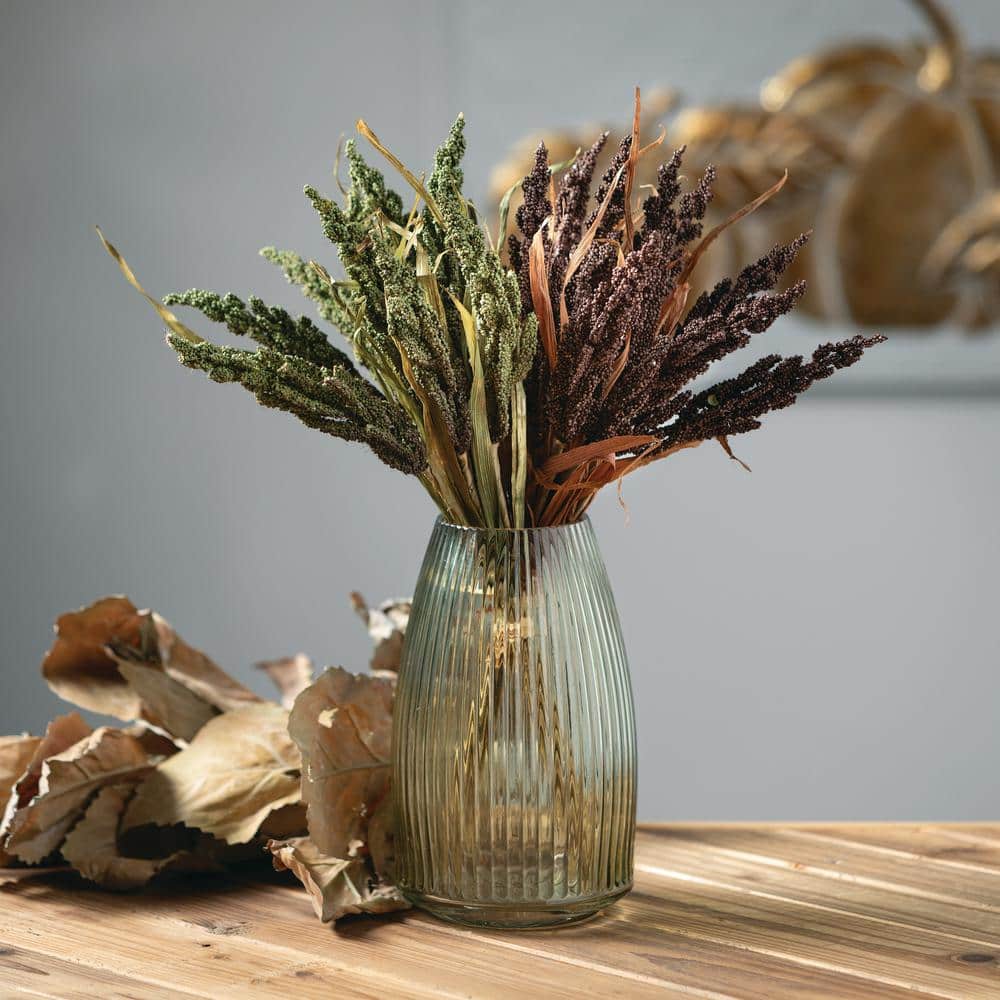 Green Ribbed Glass Vase for Table Centerpieces