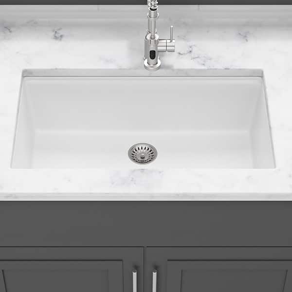 30 in. Undermount Single Bowl White Quartz Kitchen Sink with Workstation