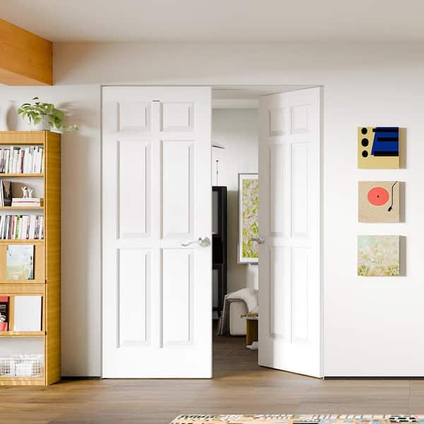 60 in. x 80 in. MDF, Composite, Pre-Assembled, Primed, White, 6-Panel Interior Door Slab With Silver Curved Doorknob